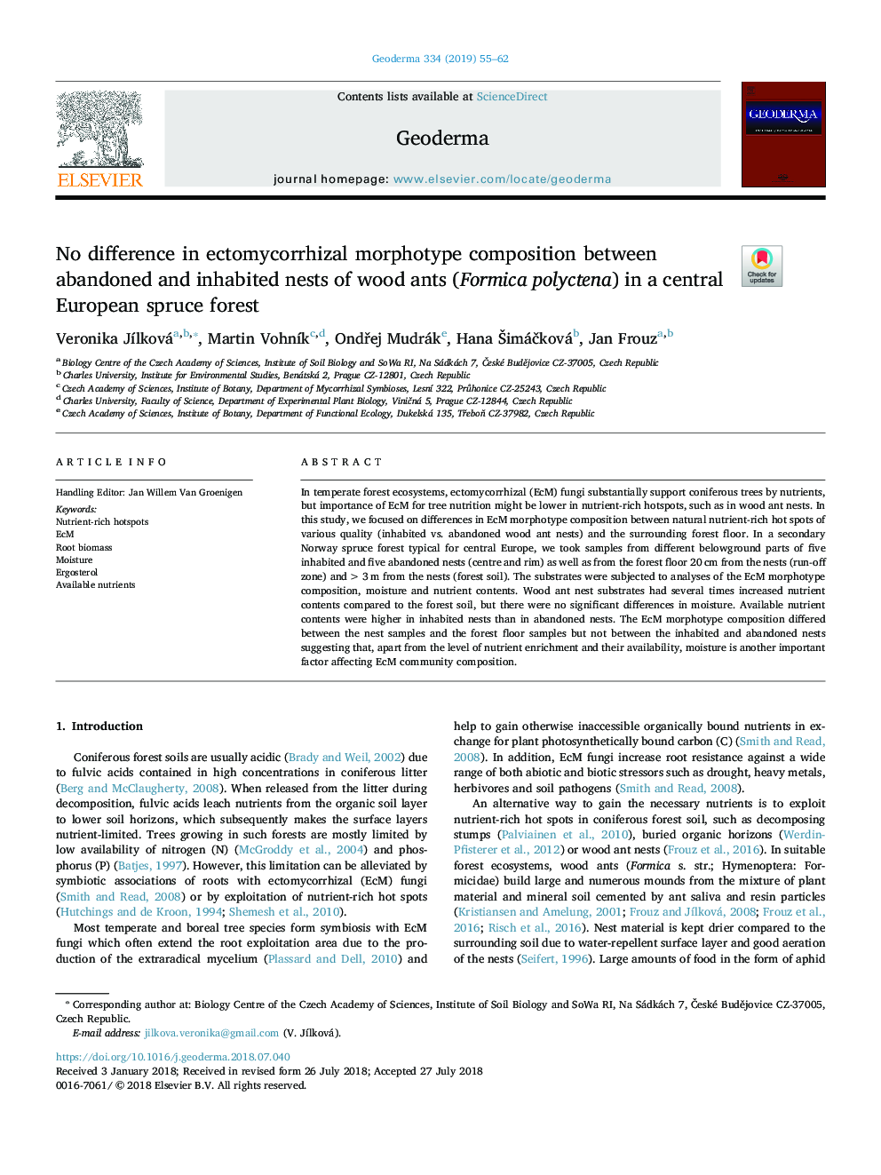 No difference in ectomycorrhizal morphotype composition between abandoned and inhabited nests of wood ants (Formica polyctena) in a central European spruce forest