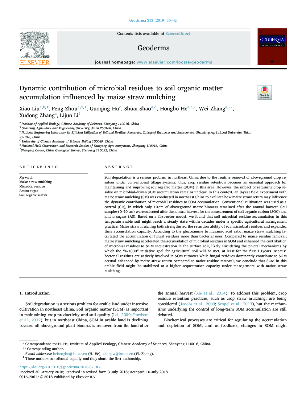 Dynamic contribution of microbial residues to soil organic matter accumulation influenced by maize straw mulching