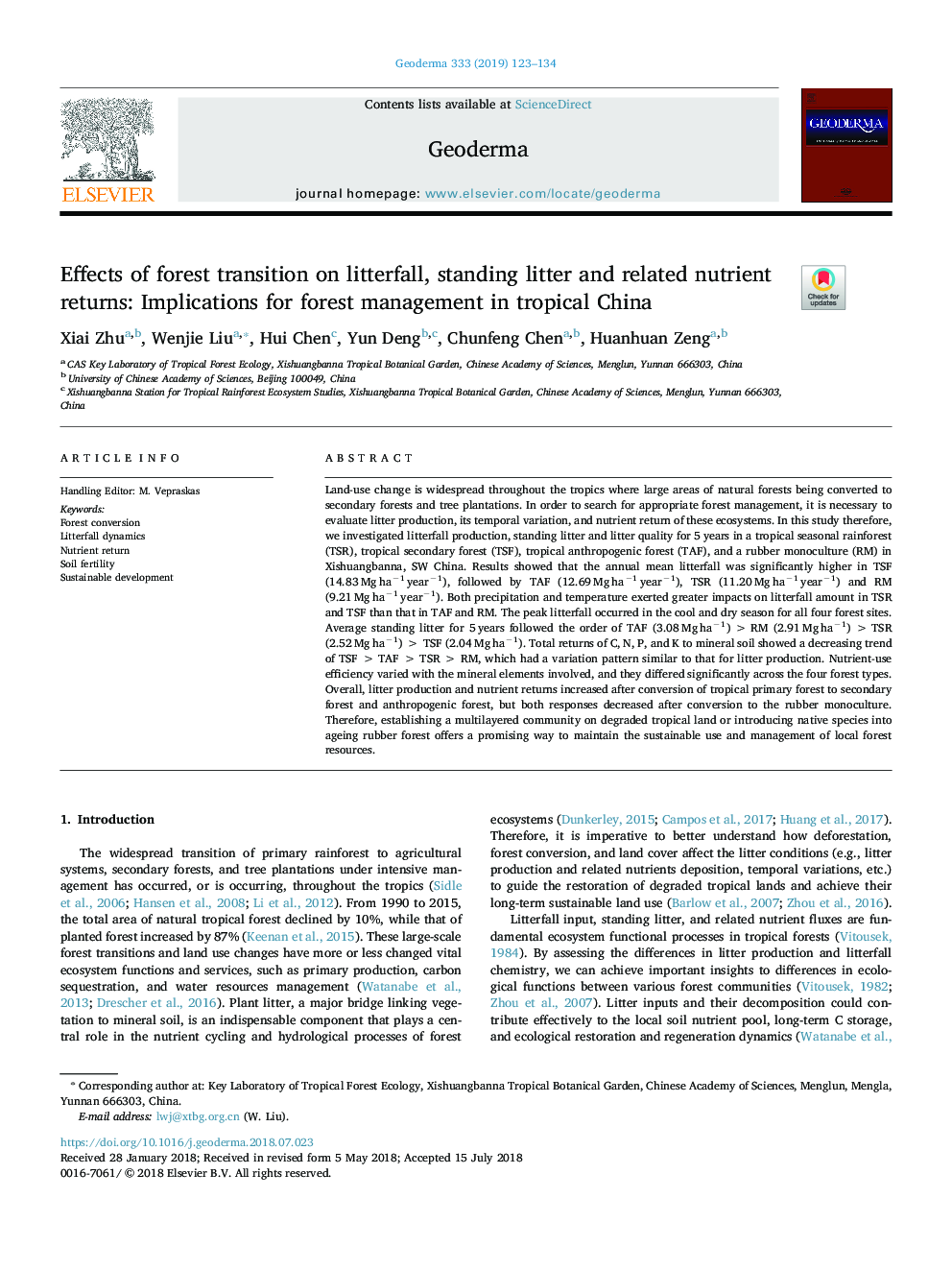 Effects of forest transition on litterfall, standing litter and related nutrient returns: Implications for forest management in tropical China