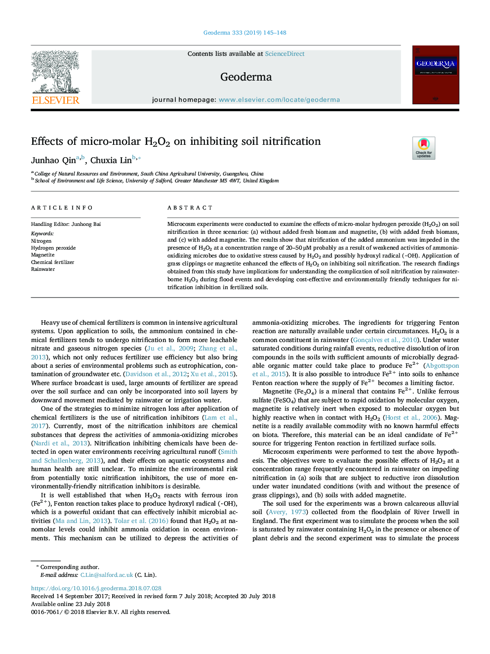 Effects of micro-molar H2O2 on inhibiting soil nitrification