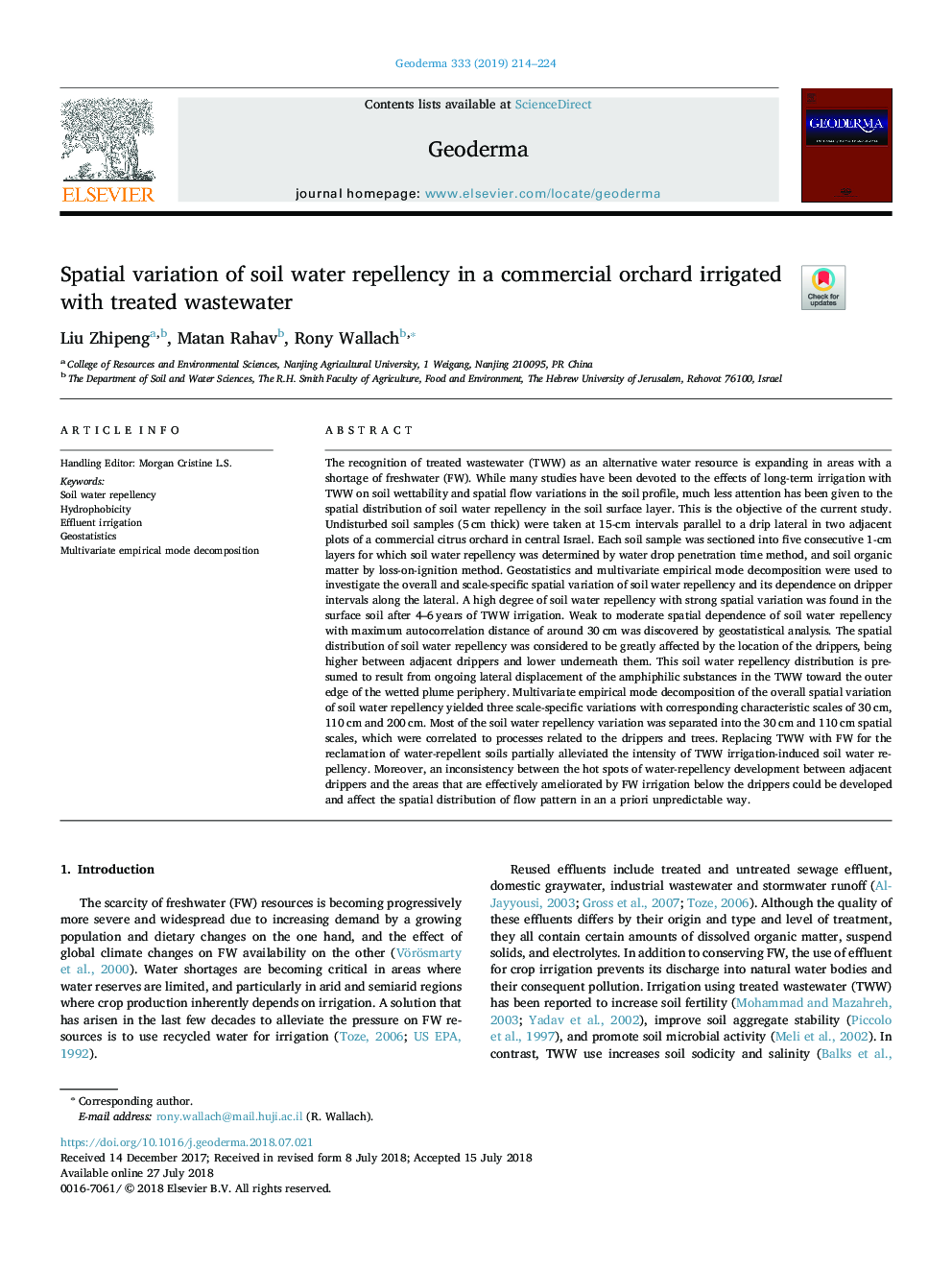 Spatial variation of soil water repellency in a commercial orchard irrigated with treated wastewater