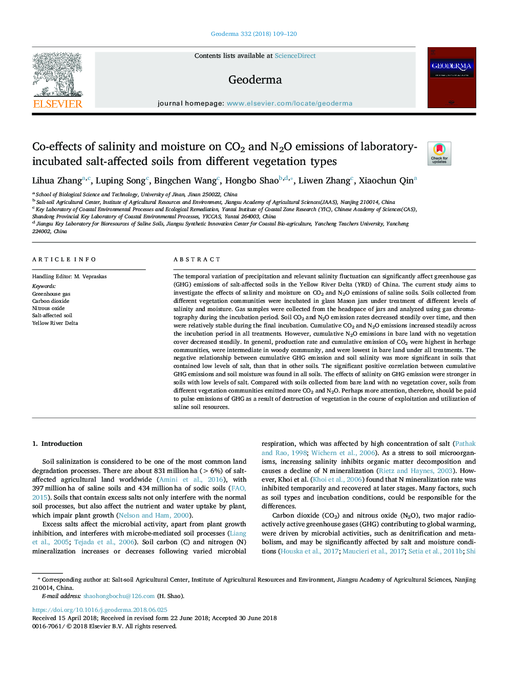 Co-effects of salinity and moisture on CO2 and N2O emissions of laboratory-incubated salt-affected soils from different vegetation types