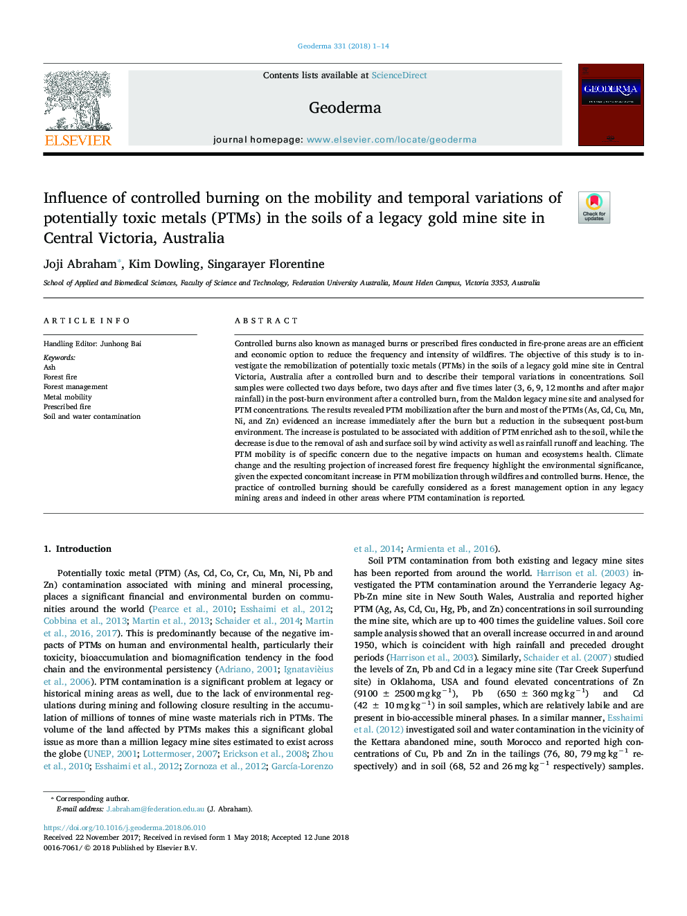 Influence of controlled burning on the mobility and temporal variations of potentially toxic metals (PTMs) in the soils of a legacy gold mine site in Central Victoria, Australia