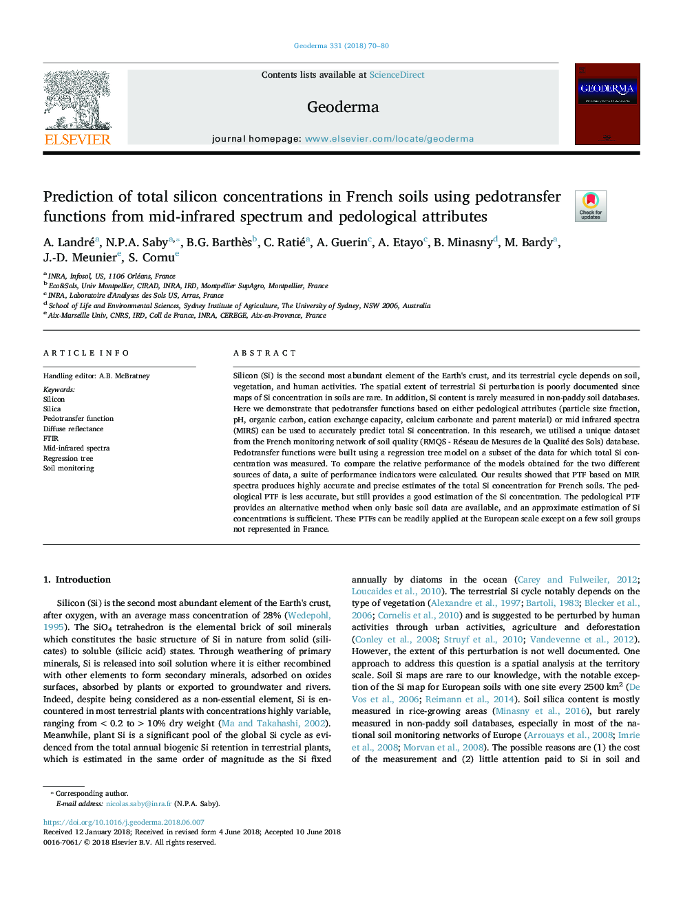 Prediction of total silicon concentrations in French soils using pedotransfer functions from mid-infrared spectrum and pedological attributes