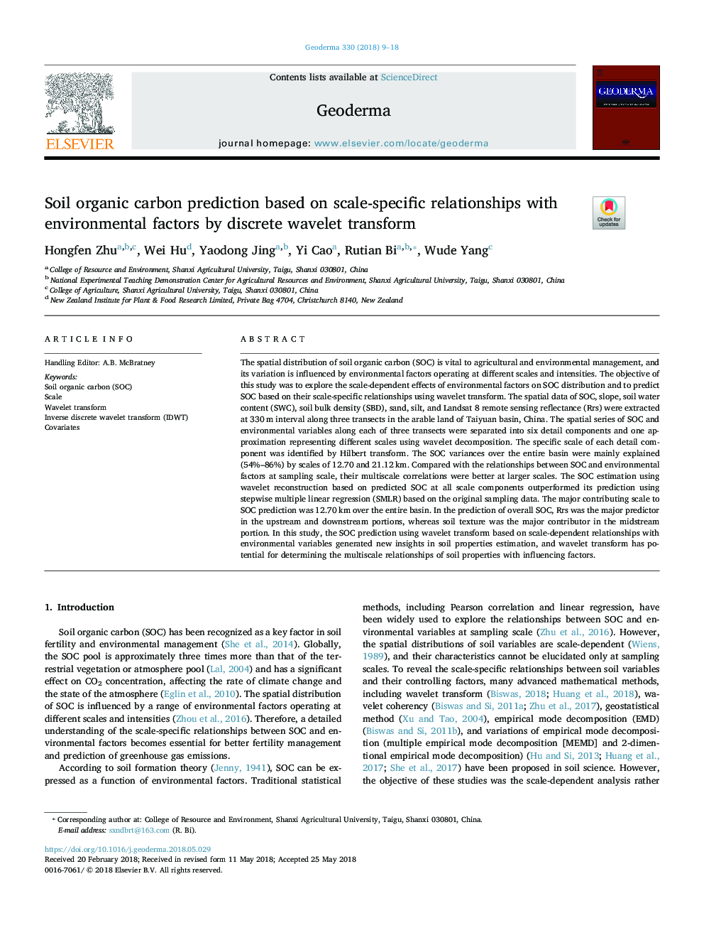 Soil organic carbon prediction based on scale-specific relationships with environmental factors by discrete wavelet transform