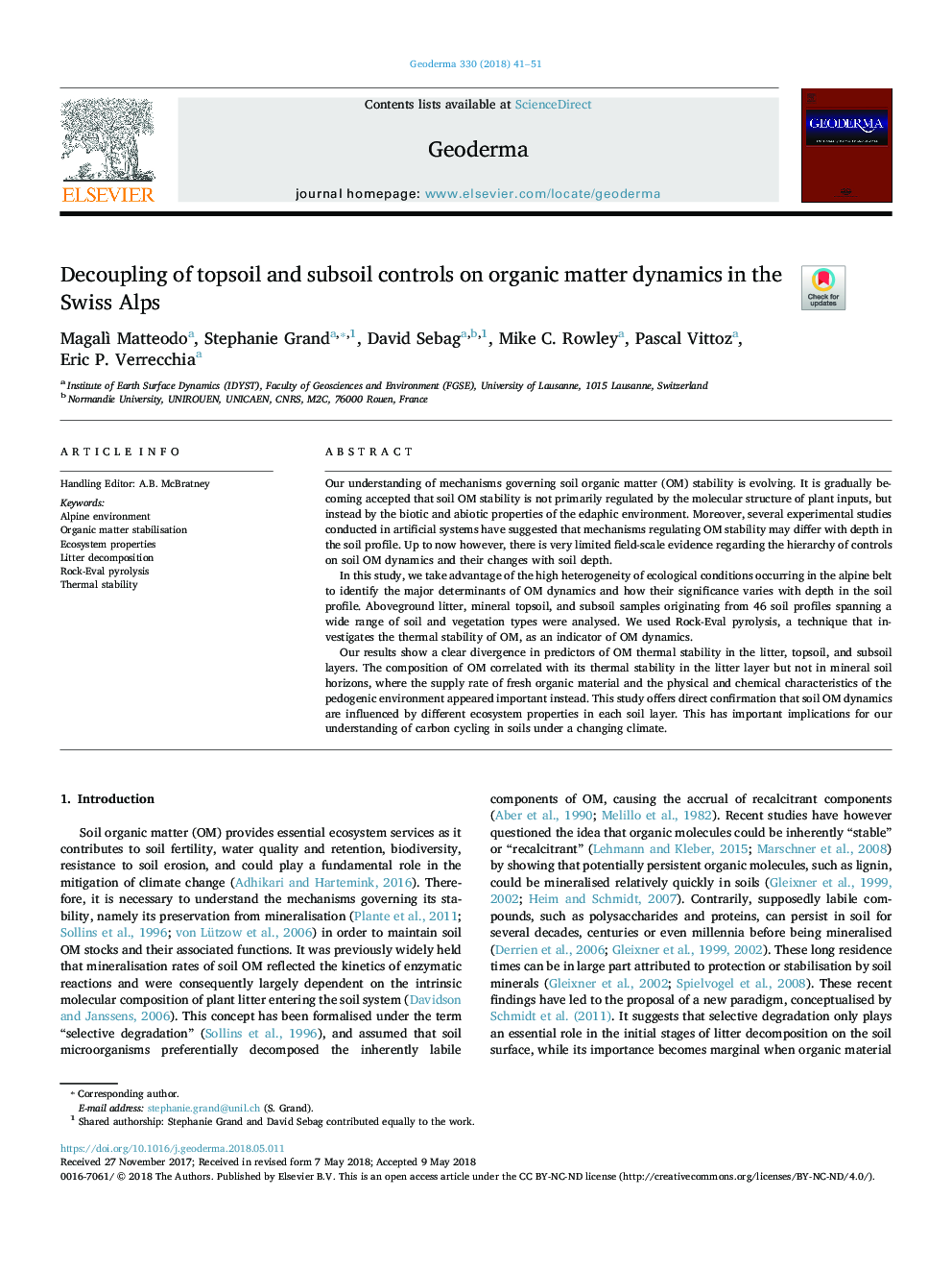 Decoupling of topsoil and subsoil controls on organic matter dynamics in the Swiss Alps