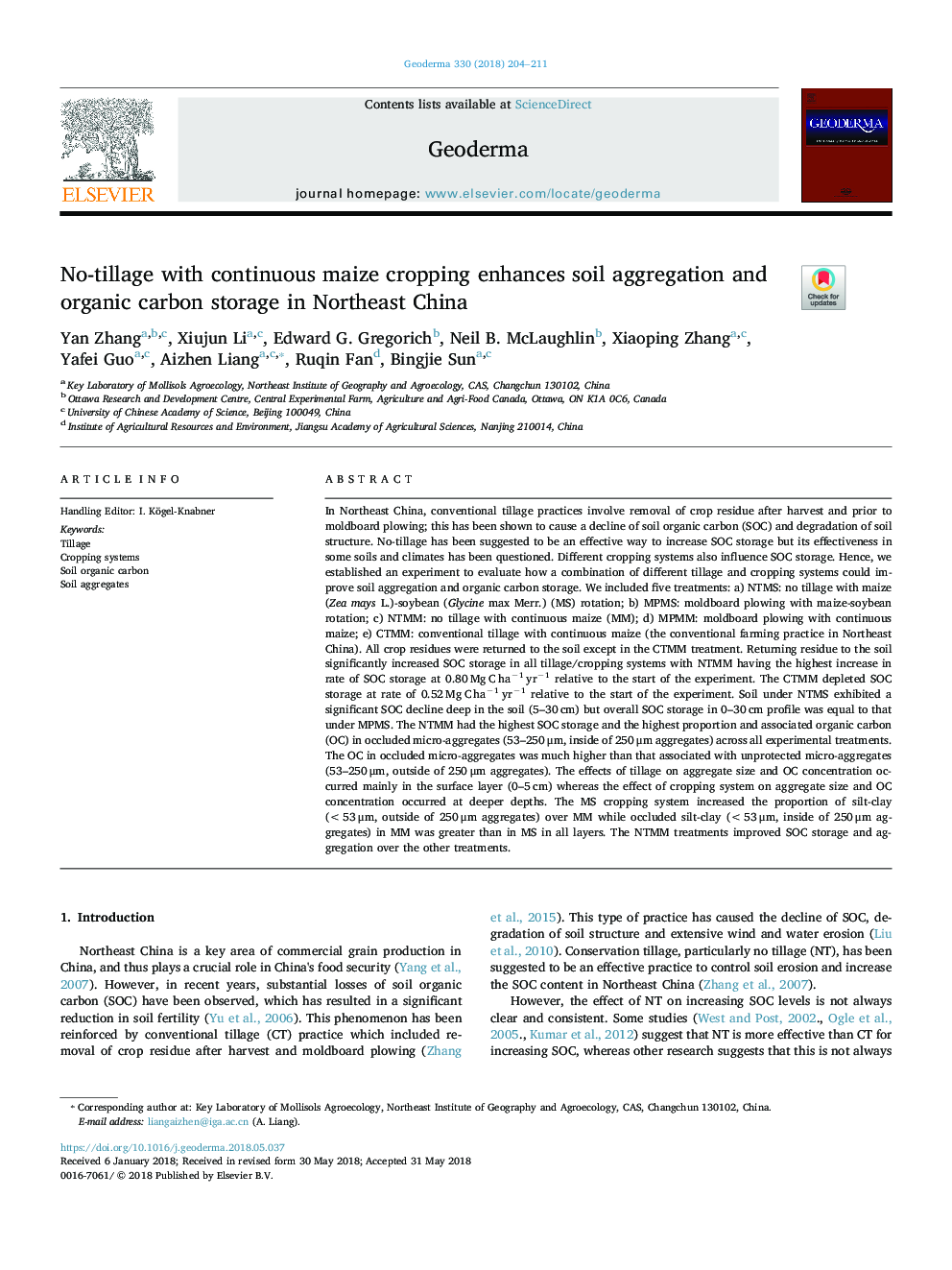 No-tillage with continuous maize cropping enhances soil aggregation and organic carbon storage in Northeast China