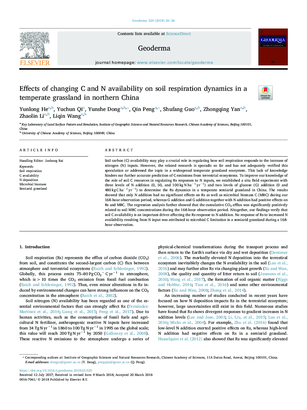 Effects of changing C and N availability on soil respiration dynamics in a temperate grassland in northern China