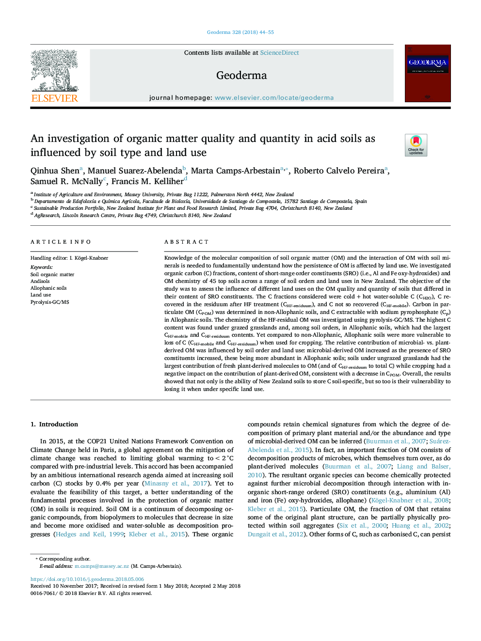 An investigation of organic matter quality and quantity in acid soils as influenced by soil type and land use