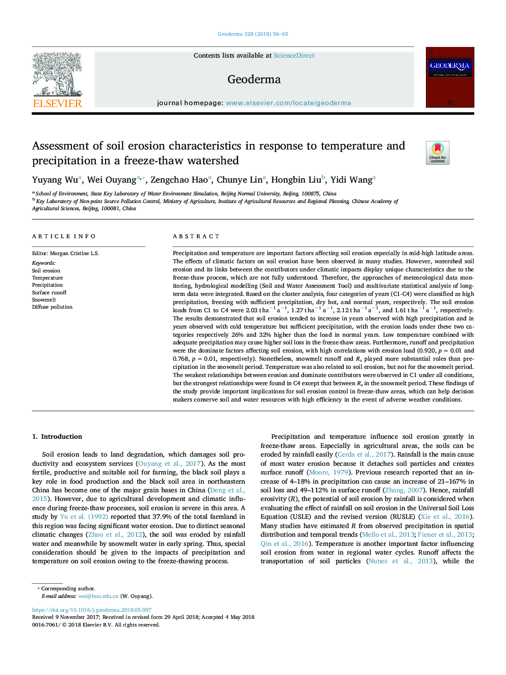 Assessment of soil erosion characteristics in response to temperature and precipitation in a freeze-thaw watershed