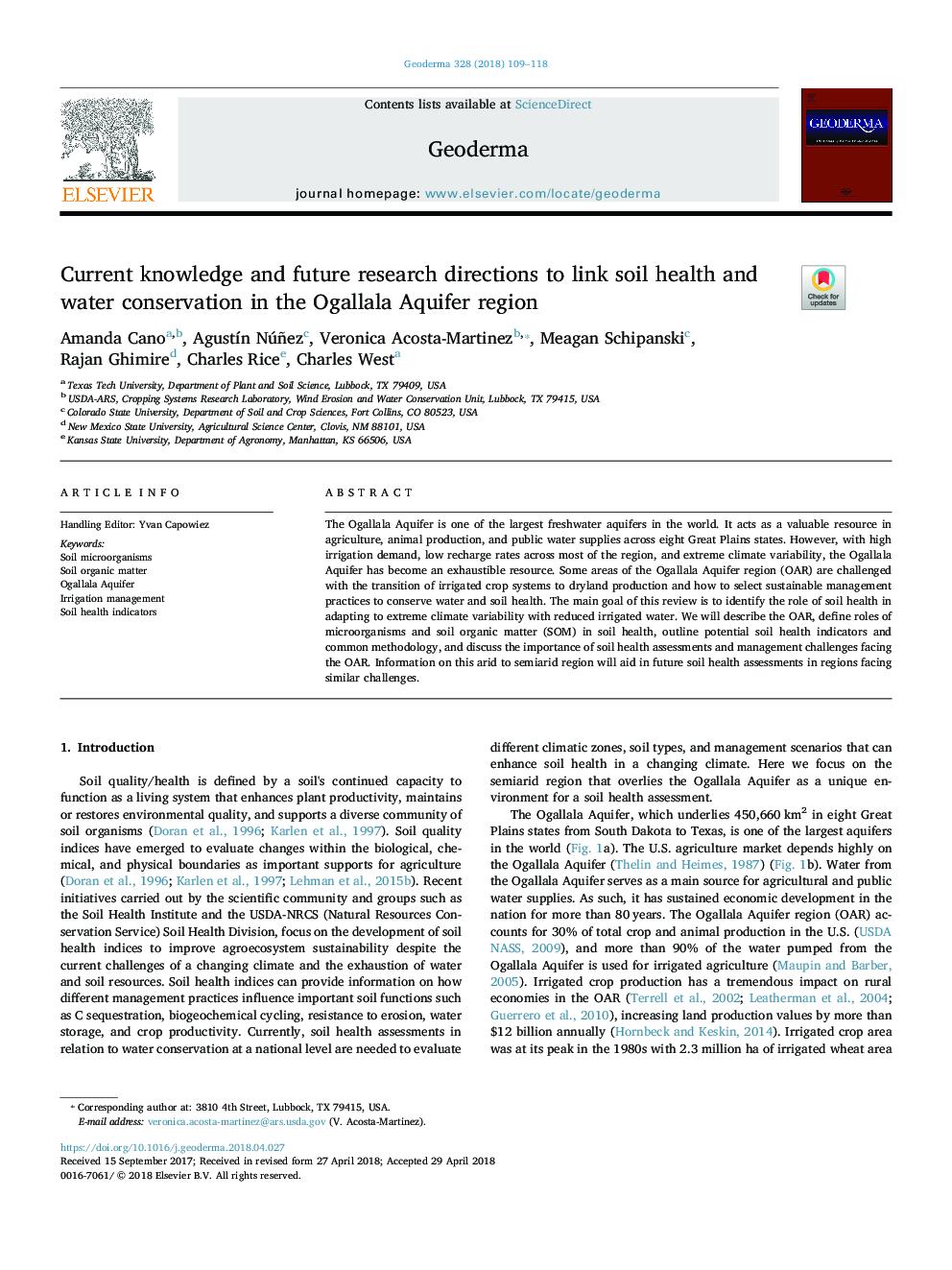 Current knowledge and future research directions to link soil health and water conservation in the Ogallala Aquifer region