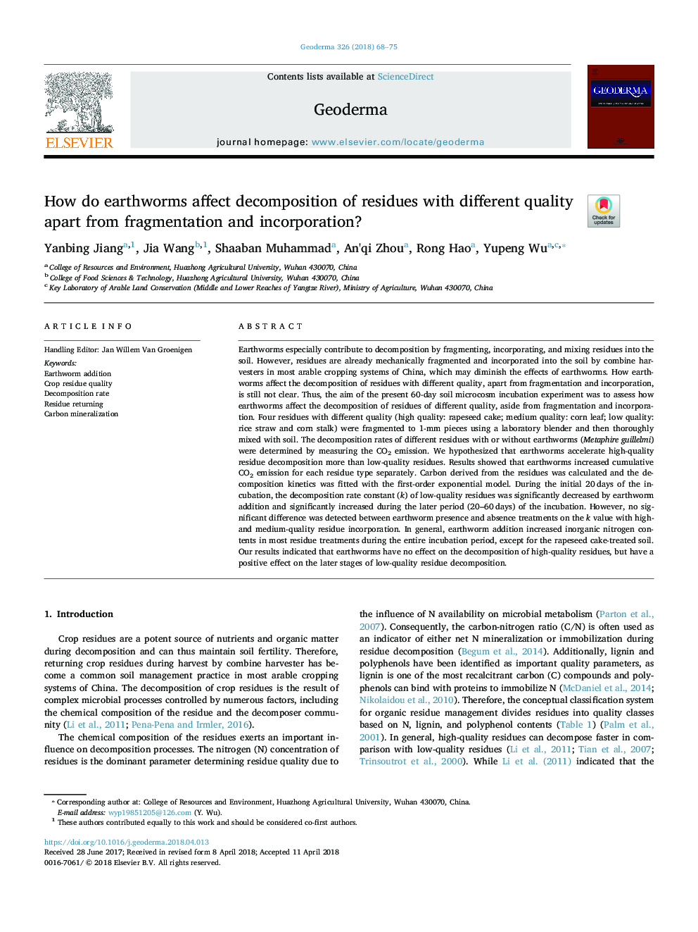 How do earthworms affect decomposition of residues with different quality apart from fragmentation and incorporation?