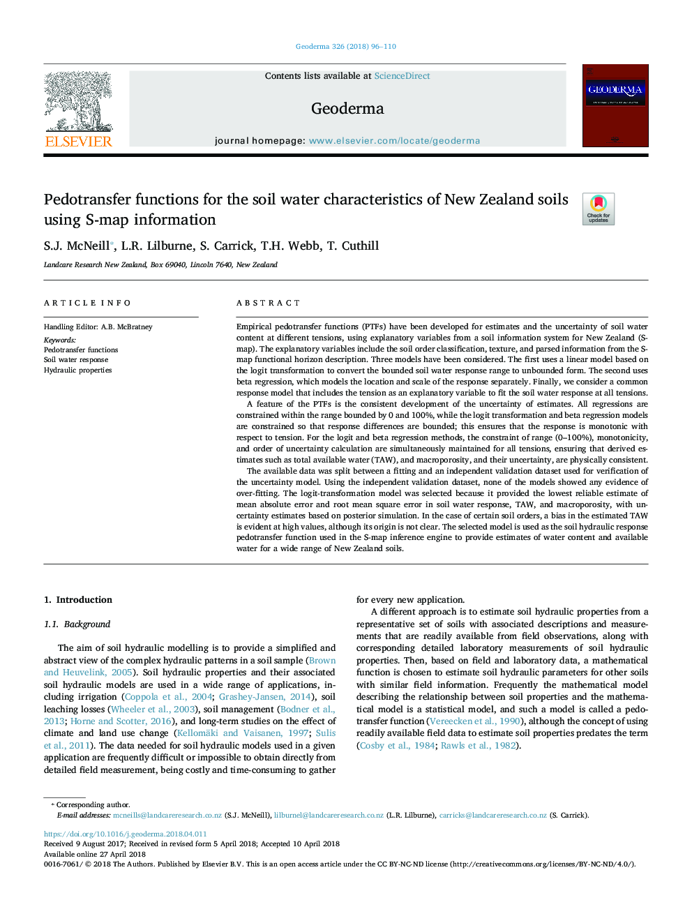 Pedotransfer functions for the soil water characteristics of New Zealand soils using S-map information