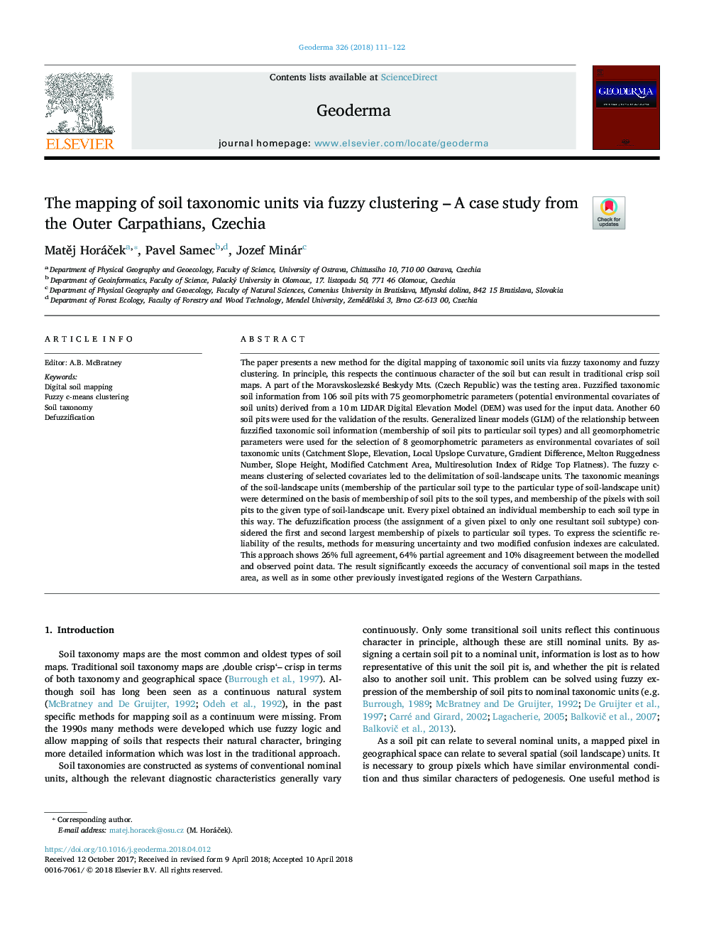 The mapping of soil taxonomic units via fuzzy clustering - A case study from the Outer Carpathians, Czechia