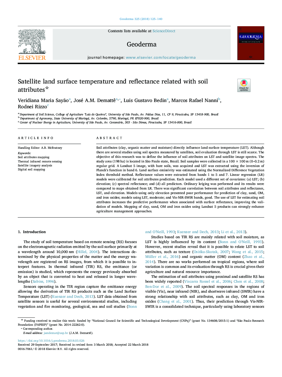 Satellite land surface temperature and reflectance related with soil attributes