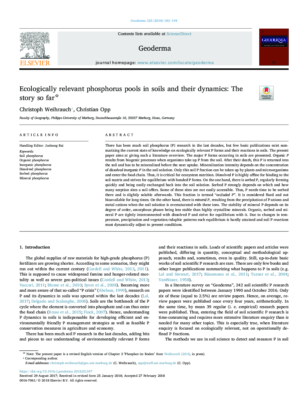 Ecologically relevant phosphorus pools in soils and their dynamics: The story so far