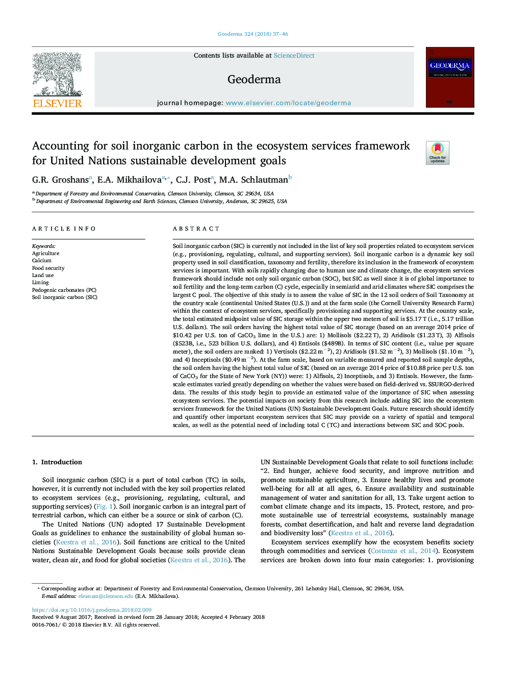 Accounting for soil inorganic carbon in the ecosystem services framework for United Nations sustainable development goals