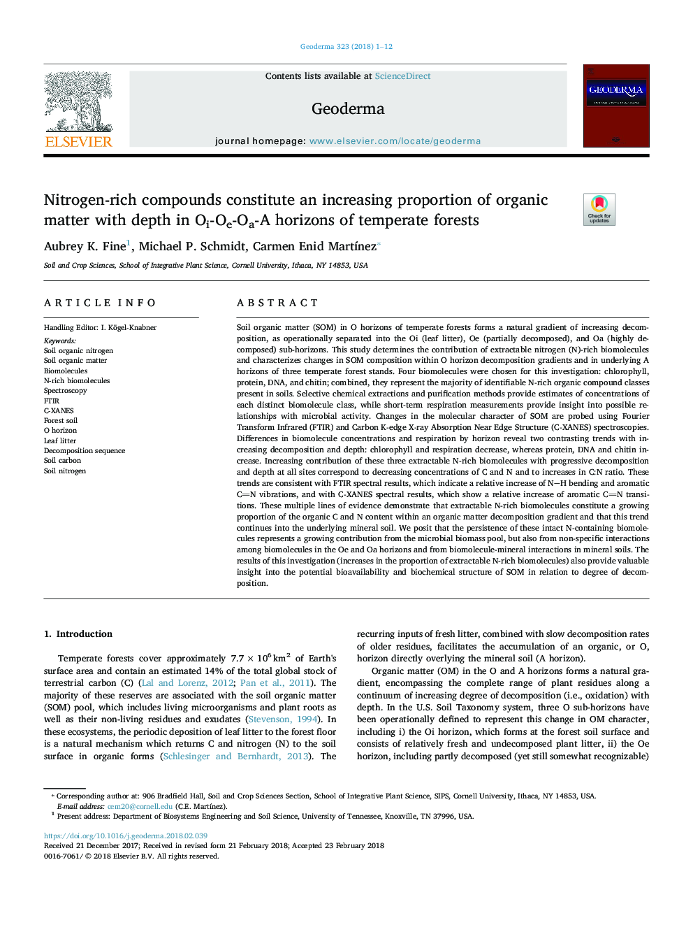 Nitrogen-rich compounds constitute an increasing proportion of organic matter with depth in Oi-Oe-Oa-A horizons of temperate forests