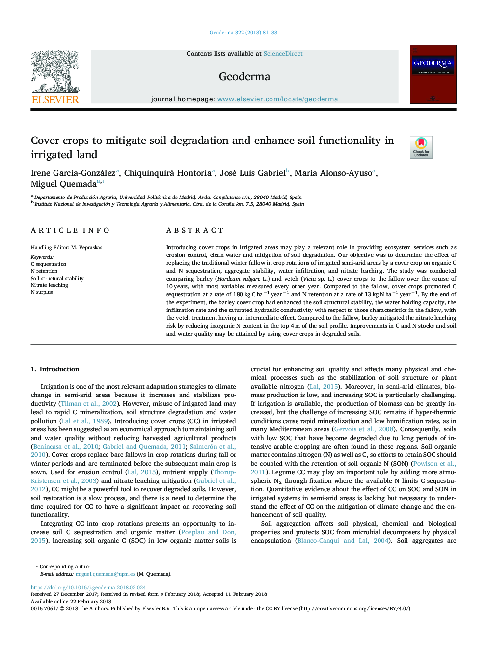 Cover crops to mitigate soil degradation and enhance soil functionality in irrigated land