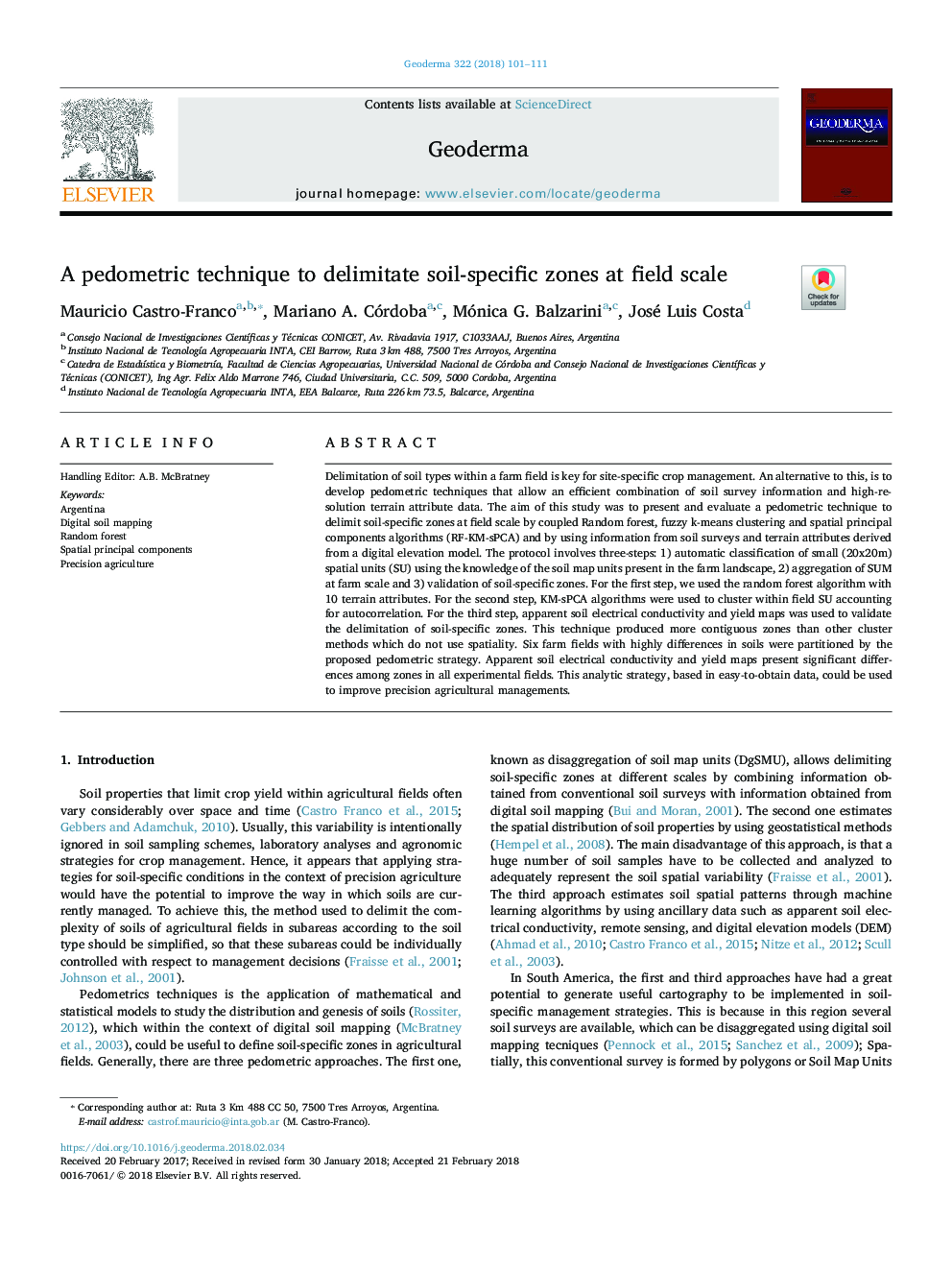 A pedometric technique to delimitate soil-specific zones at field scale