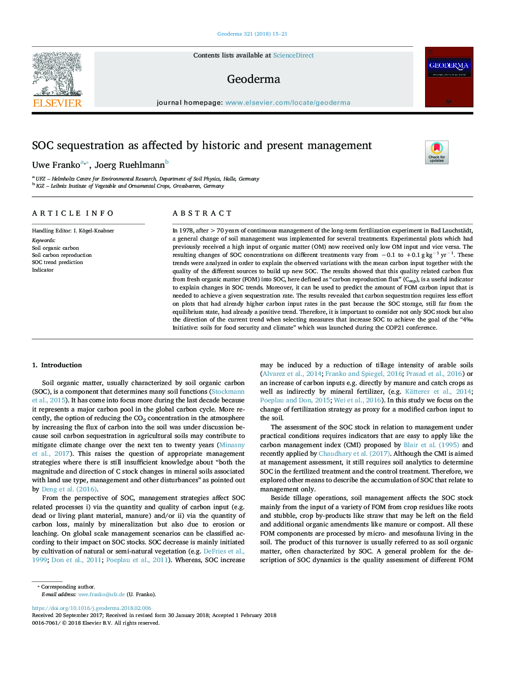 SOC sequestration as affected by historic and present management