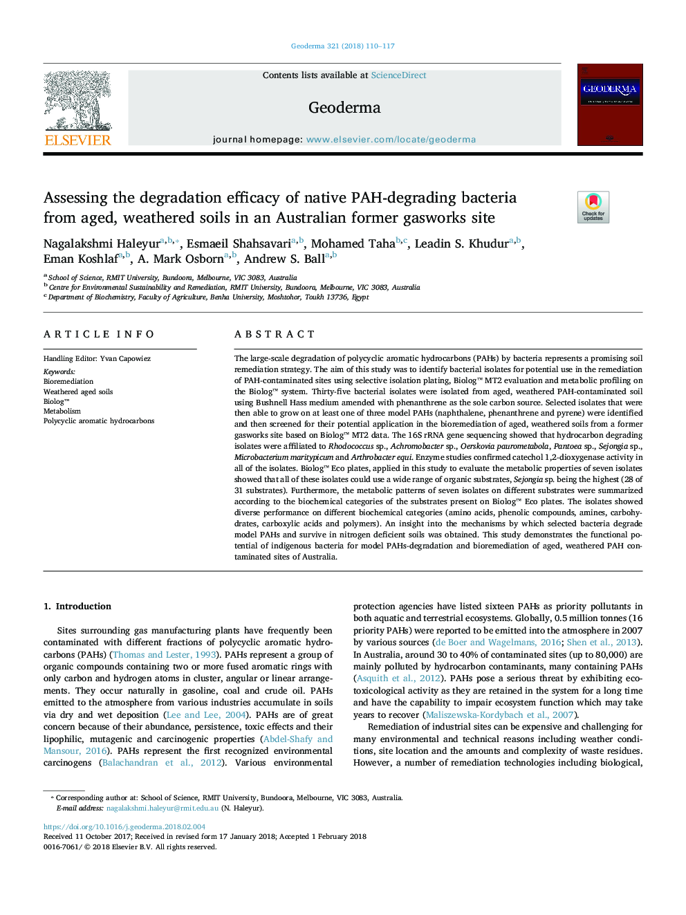 Assessing the degradation efficacy of native PAH-degrading bacteria from aged, weathered soils in an Australian former gasworks site