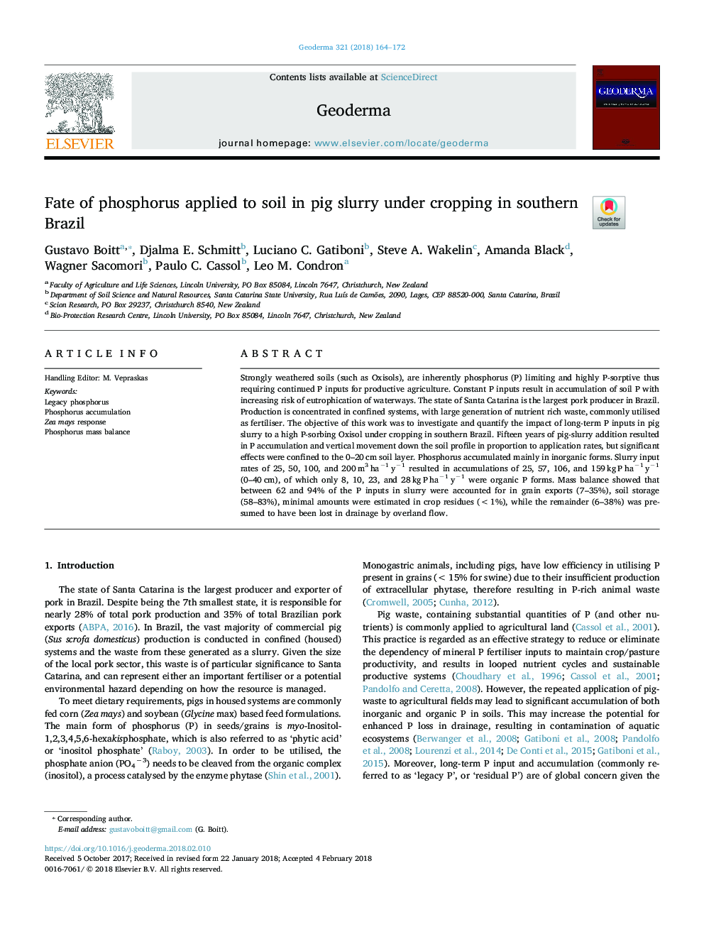 Fate of phosphorus applied to soil in pig slurry under cropping in southern Brazil