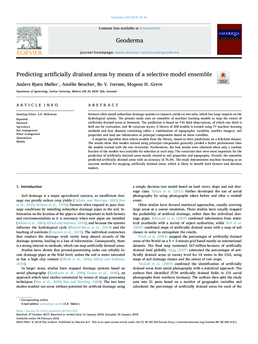 Predicting artificially drained areas by means of a selective model ensemble