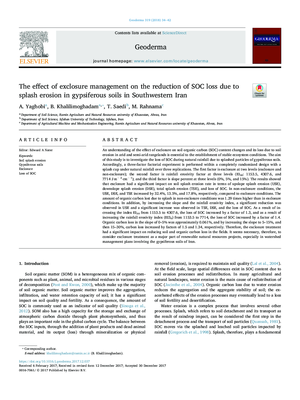 The effect of exclosure management on the reduction of SOC loss due to splash erosion in gypsiferous soils in Southwestern Iran