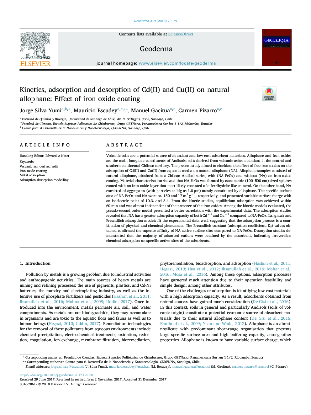 Kinetics, adsorption and desorption of Cd(II) and Cu(II) on natural allophane: Effect of iron oxide coating