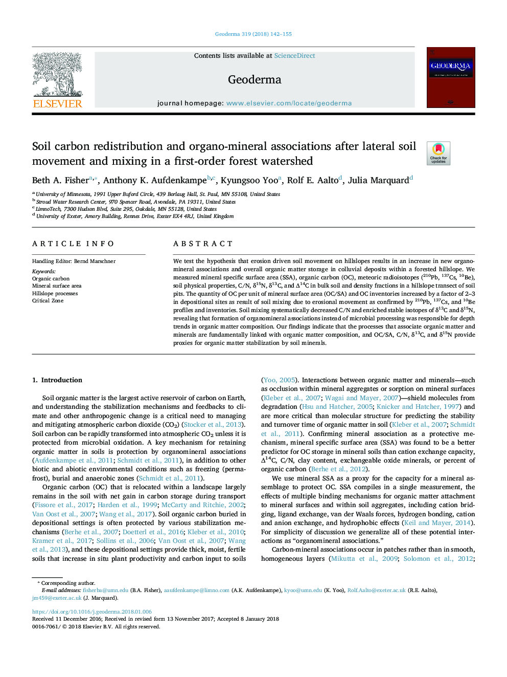 Soil carbon redistribution and organo-mineral associations after lateral soil movement and mixing in a first-order forest watershed