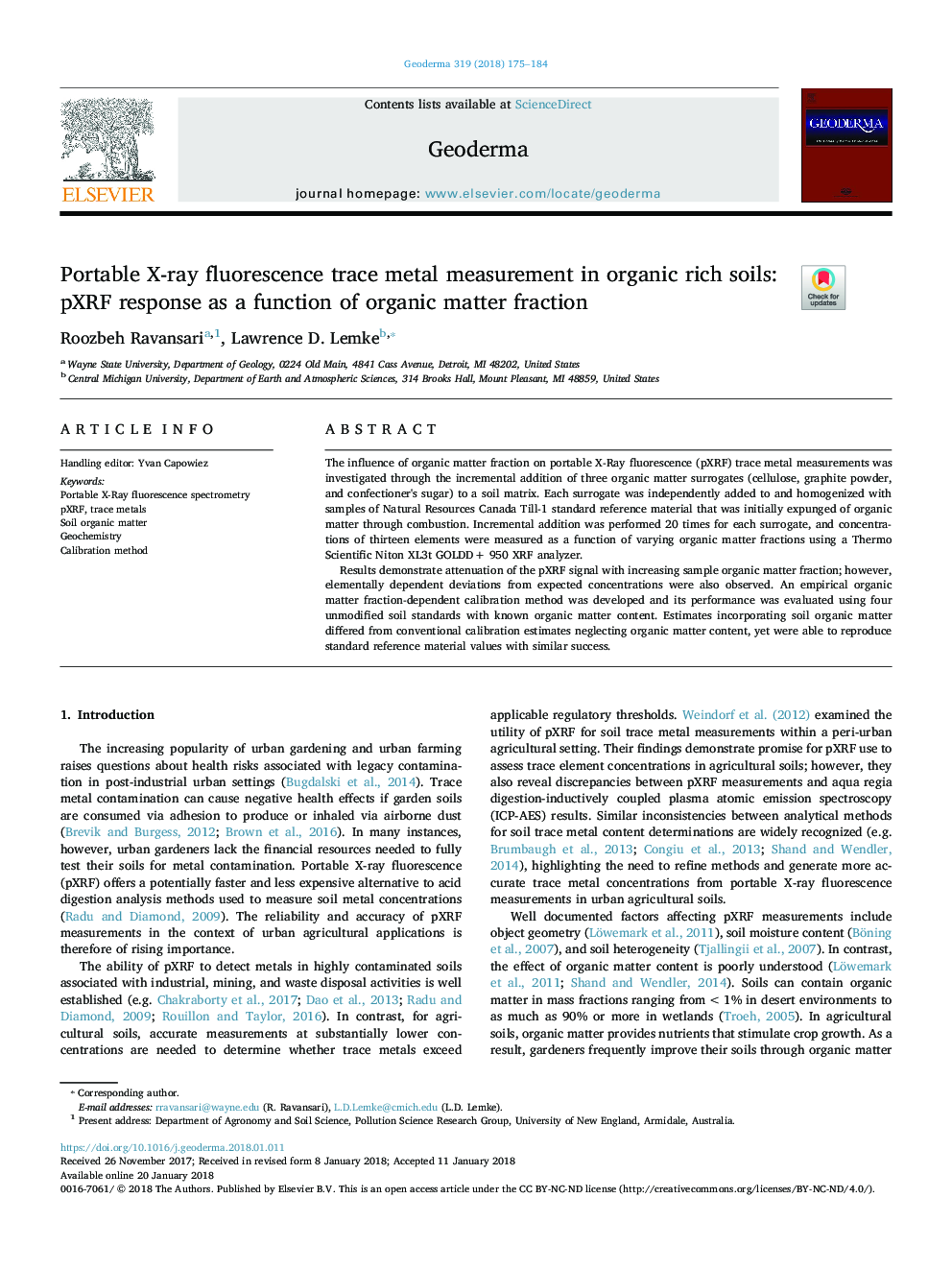 Portable X-ray fluorescence trace metal measurement in organic rich soils: pXRF response as a function of organic matter fraction