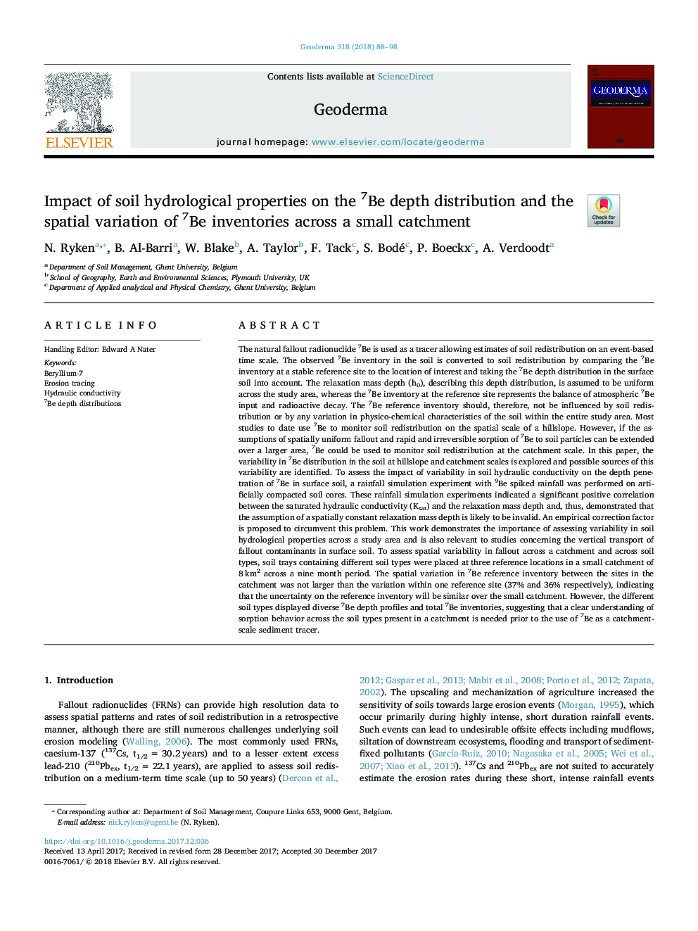 Impact of soil hydrological properties on the 7Be depth distribution and the spatial variation of 7Be inventories across a small catchment