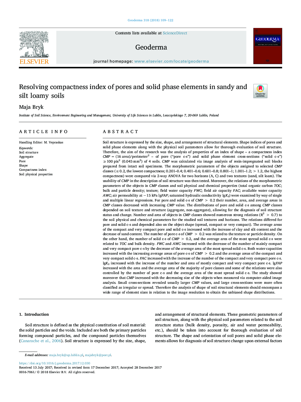 Resolving compactness index of pores and solid phase elements in sandy and silt loamy soils