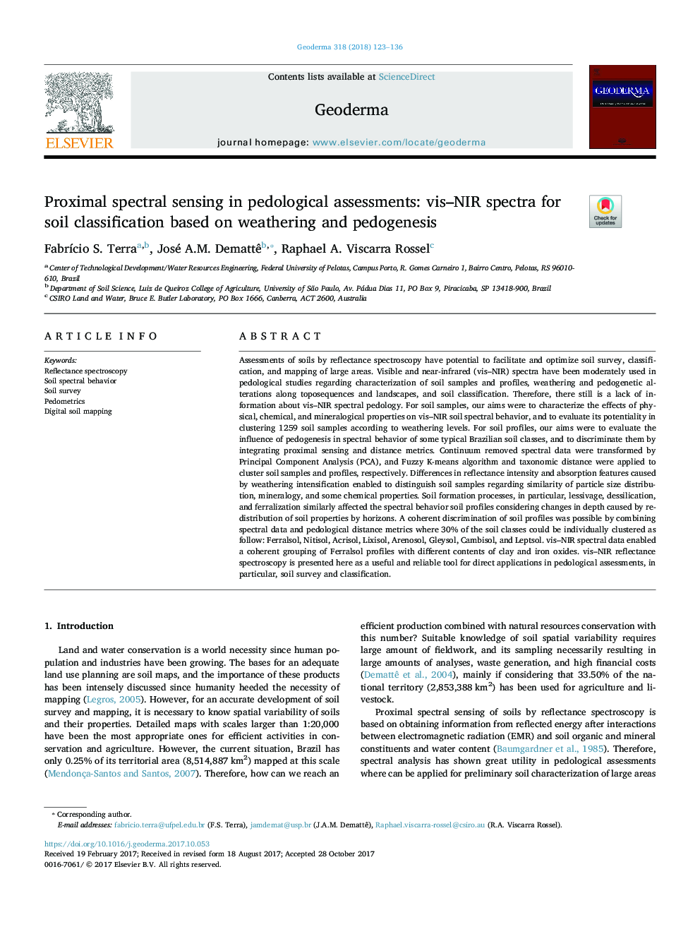 Proximal spectral sensing in pedological assessments: vis-NIR spectra for soil classification based on weathering and pedogenesis