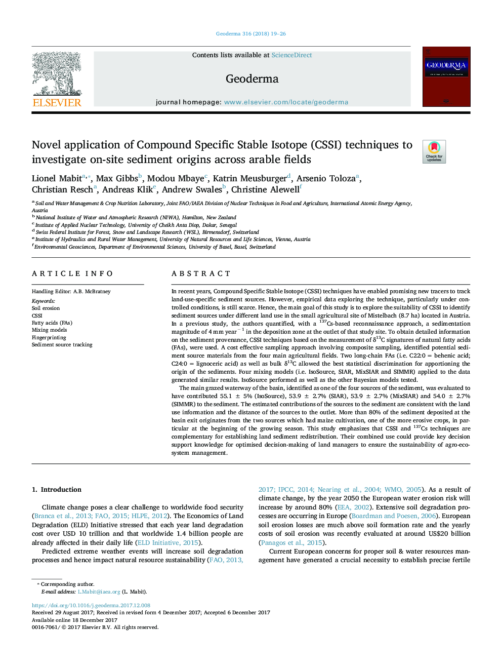 Novel application of Compound Specific Stable Isotope (CSSI) techniques to investigate on-site sediment origins across arable fields