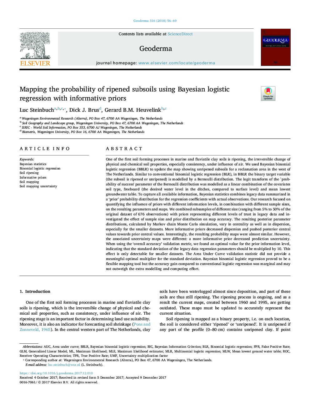 Mapping the probability of ripened subsoils using Bayesian logistic regression with informative priors