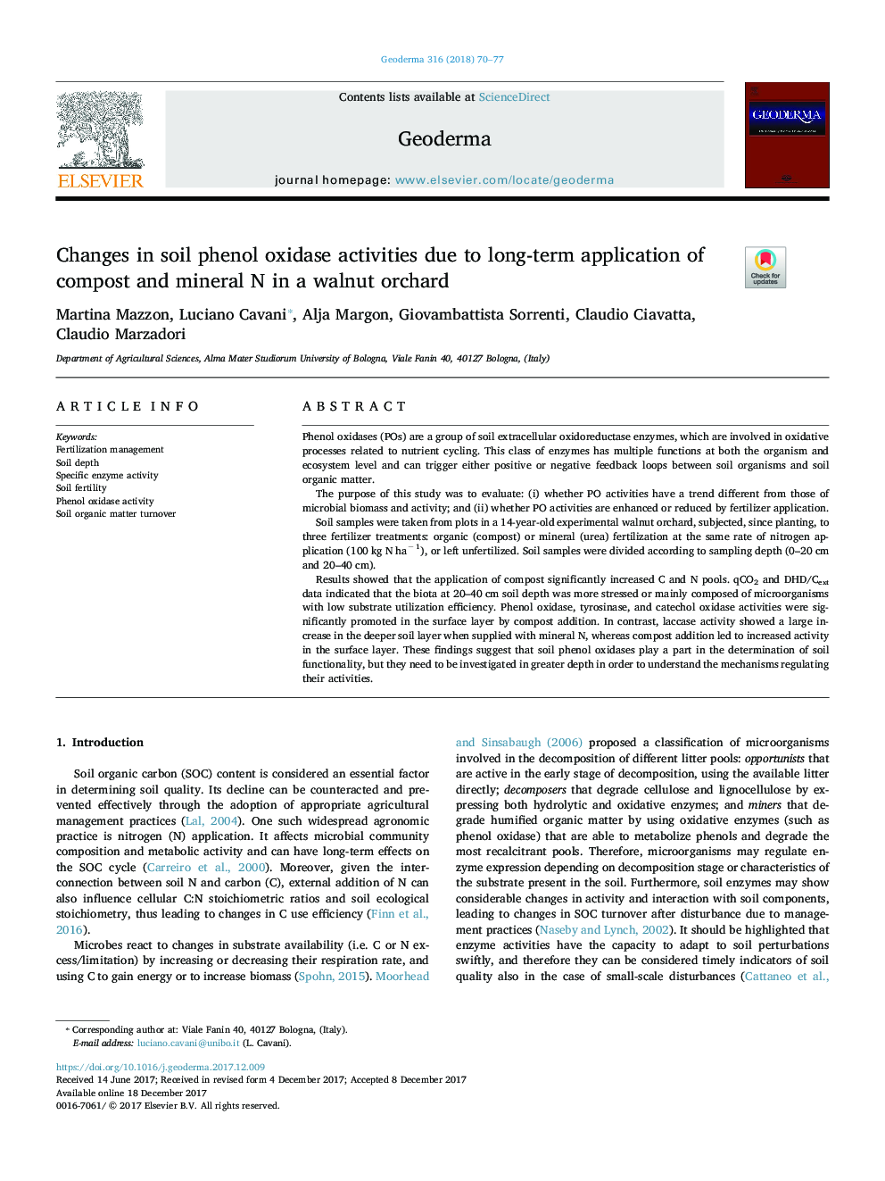 Changes in soil phenol oxidase activities due to long-term application of compost and mineral N in a walnut orchard