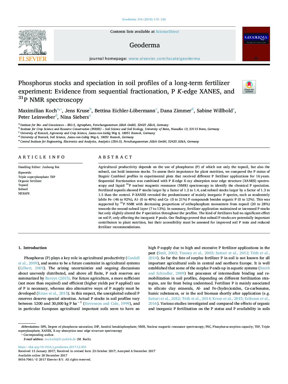 Phosphorus stocks and speciation in soil profiles of a long-term fertilizer experiment: Evidence from sequential fractionation, P K-edge XANES, and 31P NMR spectroscopy