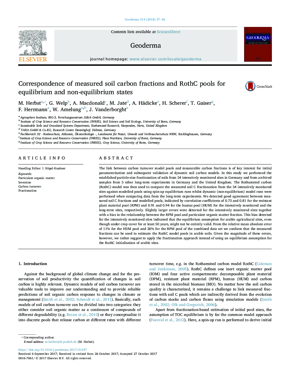 Correspondence of measured soil carbon fractions and RothC pools for equilibrium and non-equilibrium states