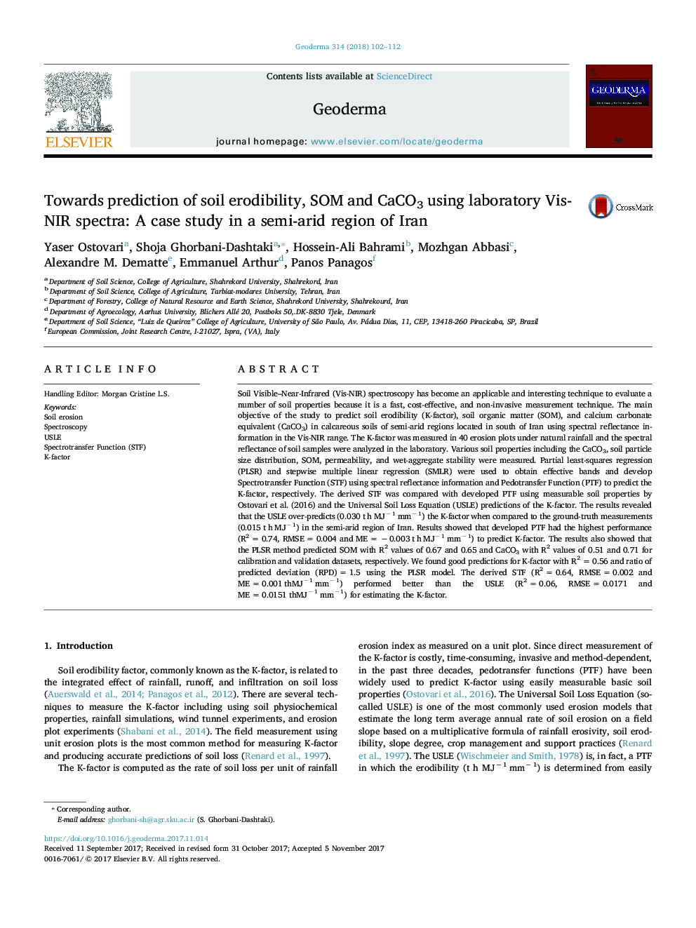 Towards prediction of soil erodibility, SOM and CaCO3 using laboratory Vis-NIR spectra: A case study in a semi-arid region of Iran