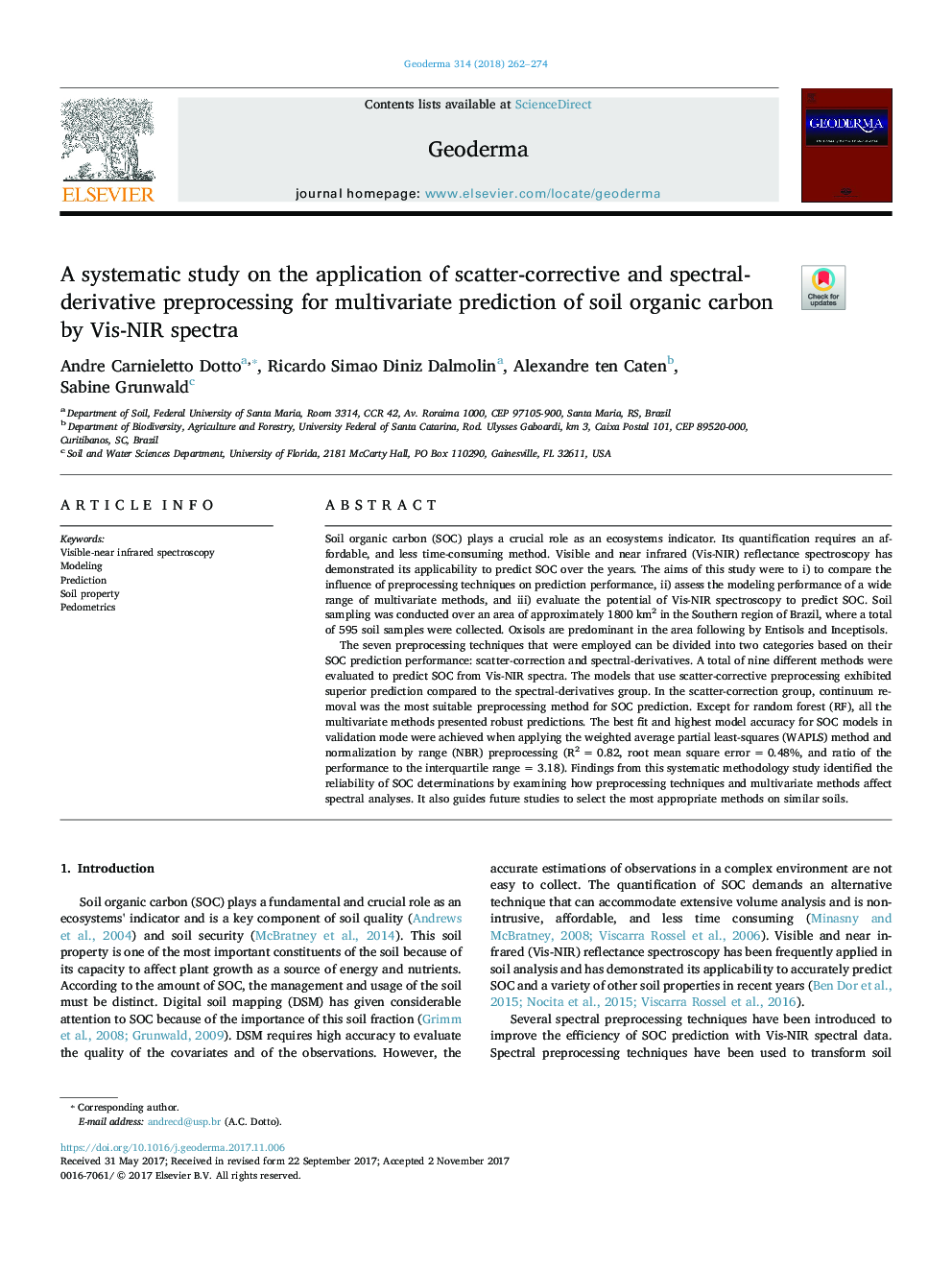 A systematic study on the application of scatter-corrective and spectral-derivative preprocessing for multivariate prediction of soil organic carbon by Vis-NIR spectra