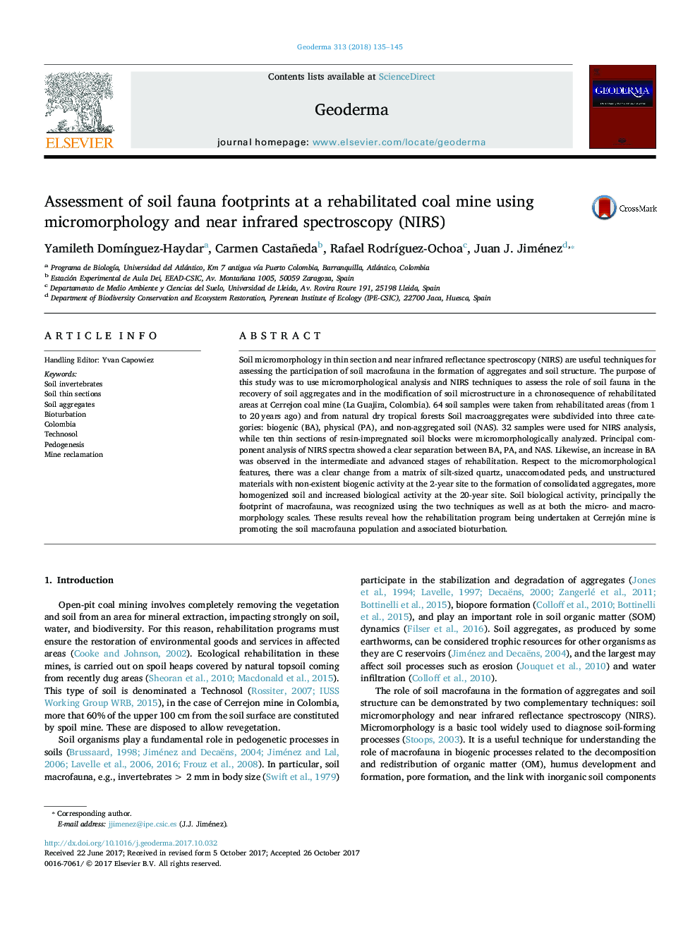 Assessment of soil fauna footprints at a rehabilitated coal mine using micromorphology and near infrared spectroscopy (NIRS)