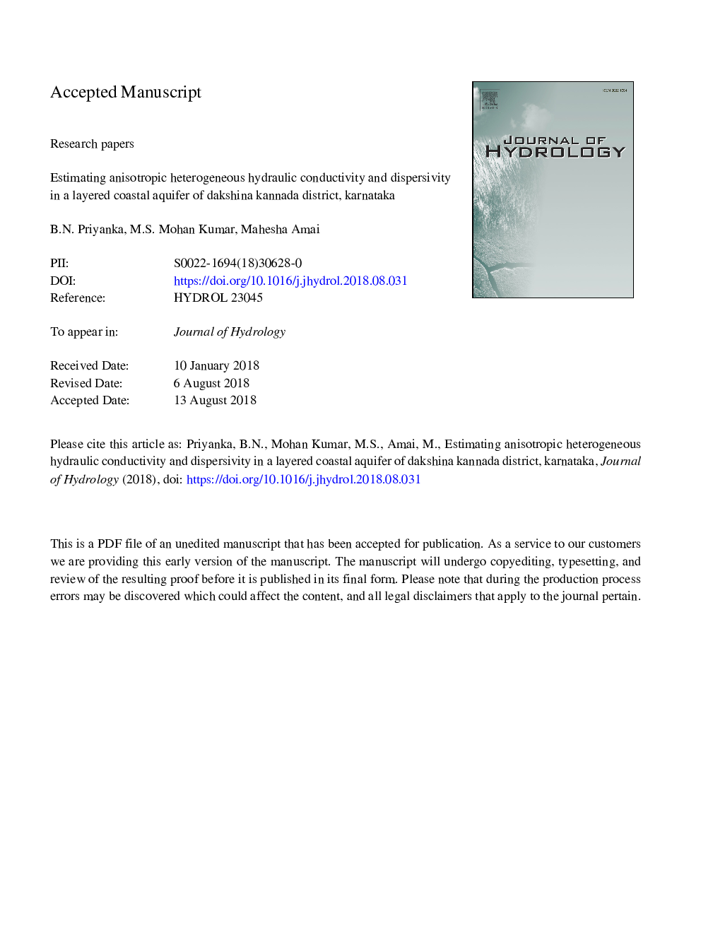 Estimating anisotropic heterogeneous hydraulic conductivity and dispersivity in a layered coastal aquifer of Dakshina Kannada District, Karnataka