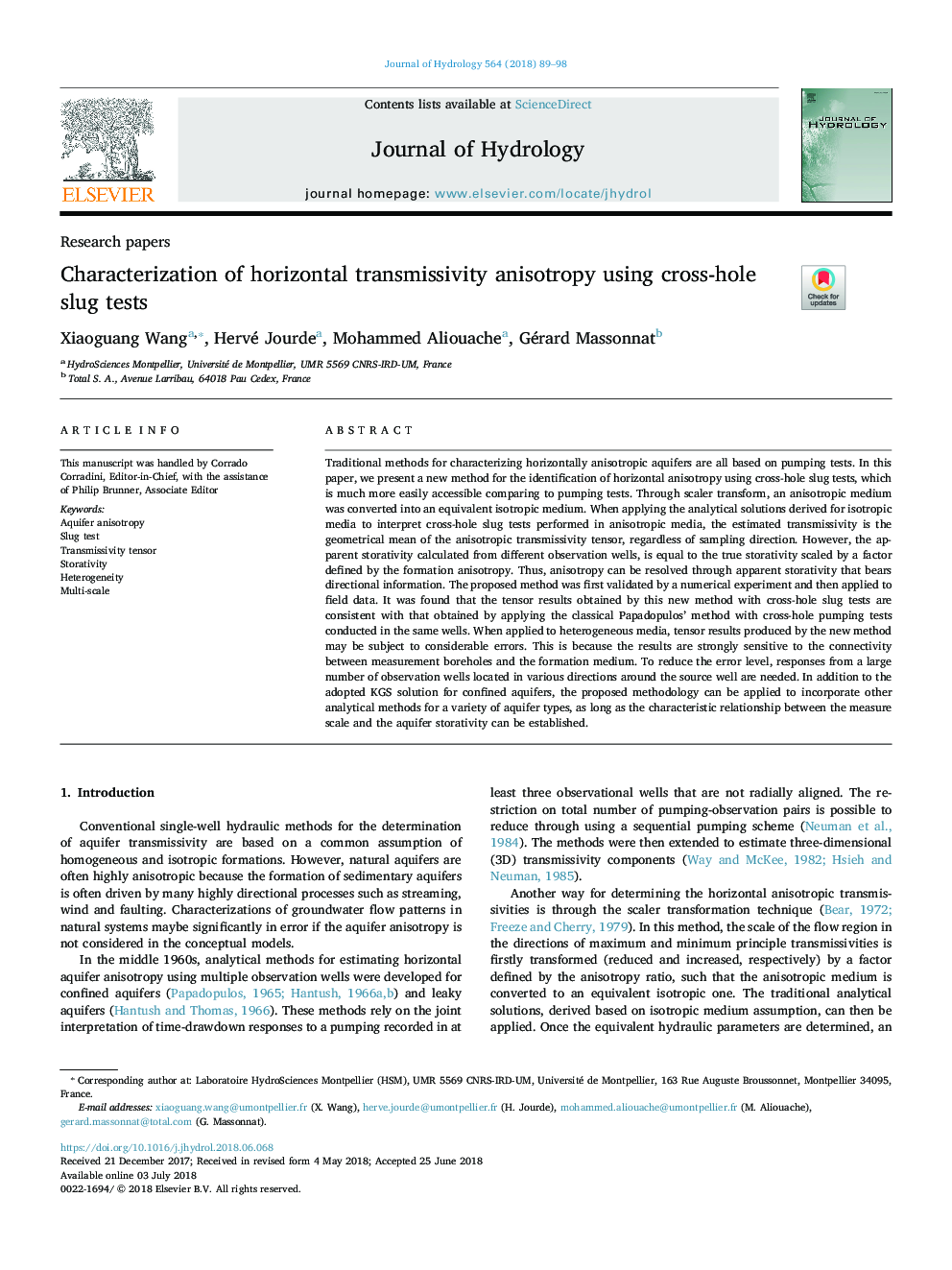 Characterization of horizontal transmissivity anisotropy using cross-hole slug tests
