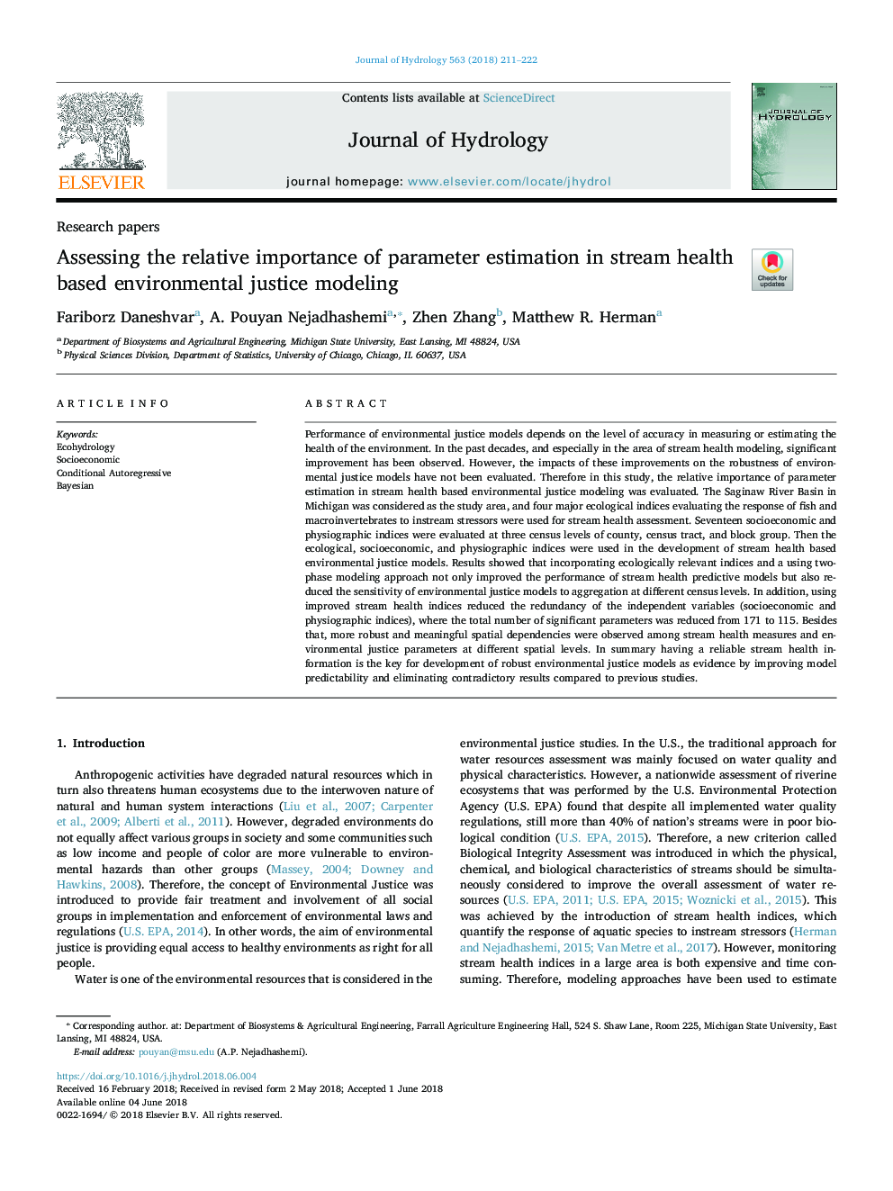 Assessing the relative importance of parameter estimation in stream health based environmental justice modeling