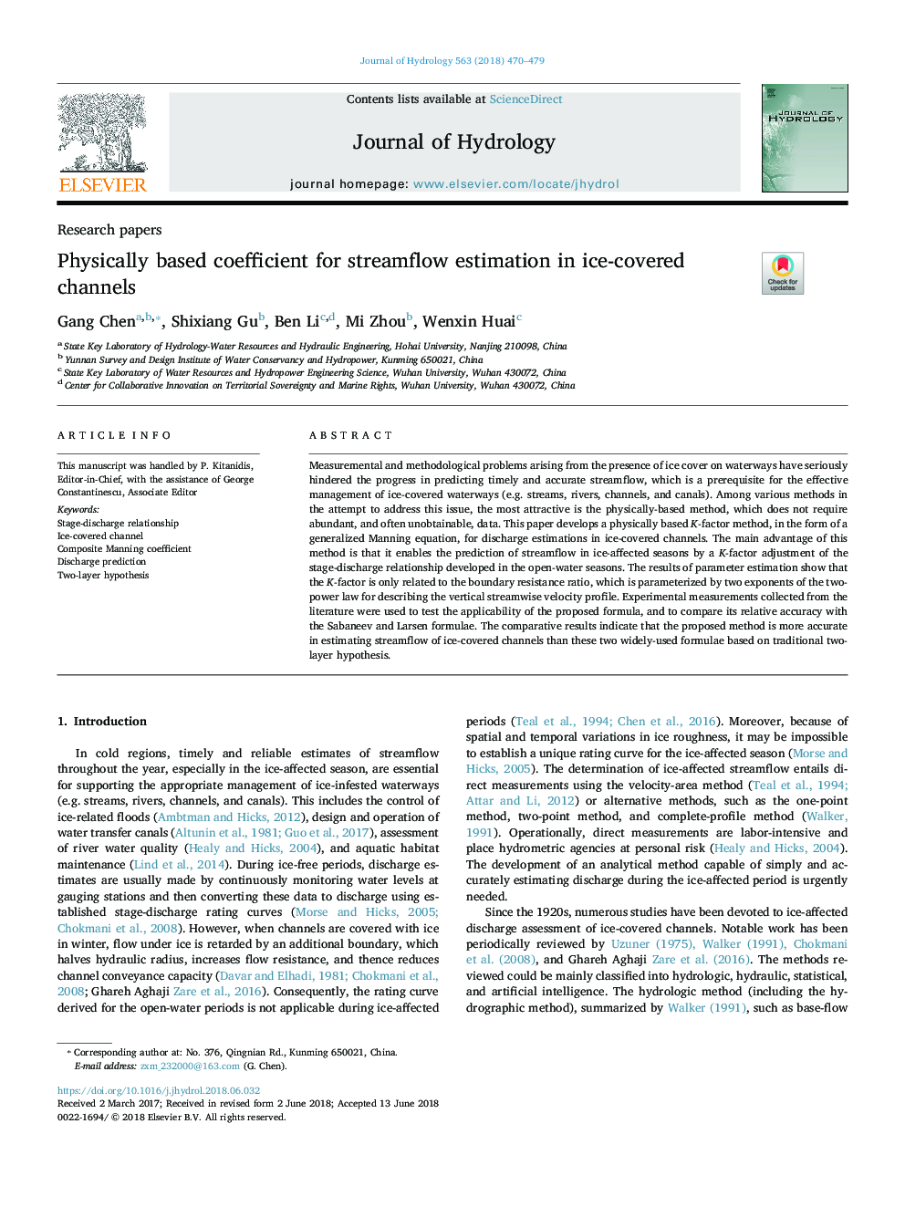 Physically based coefficient for streamflow estimation in ice-covered channels