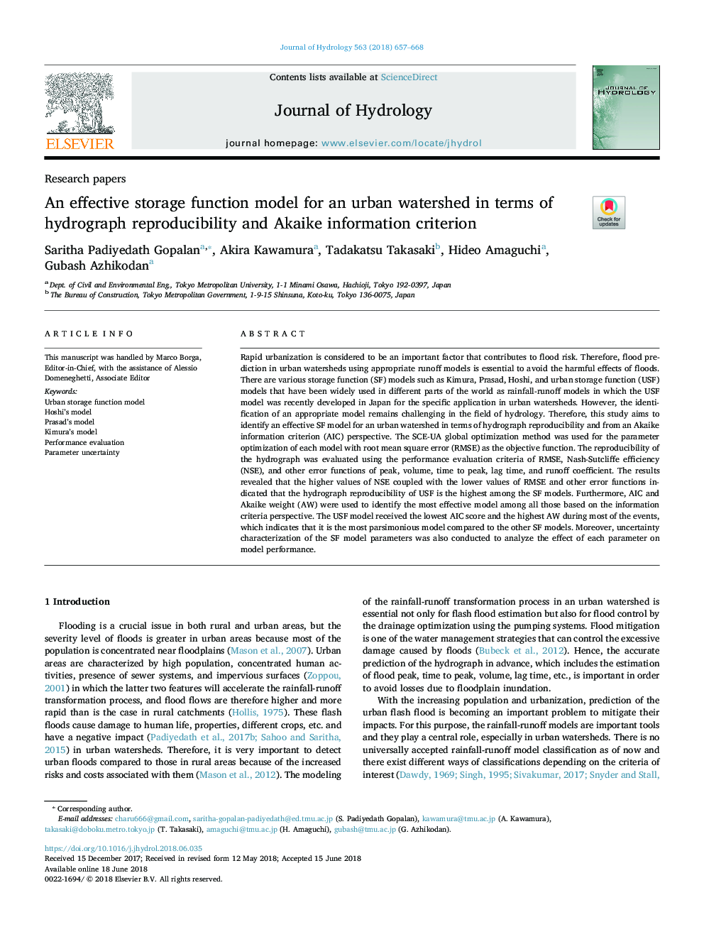 An effective storage function model for an urban watershed in terms of hydrograph reproducibility and Akaike information criterion