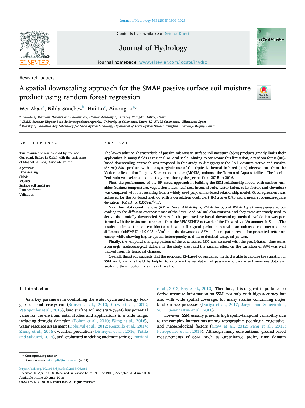 A spatial downscaling approach for the SMAP passive surface soil moisture product using random forest regression