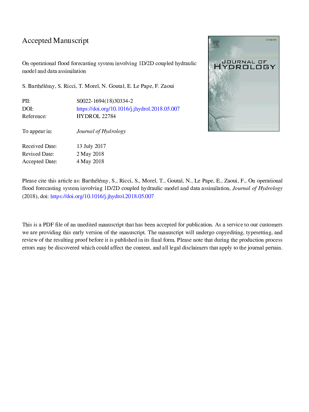 On operational flood forecasting system involving 1D/2D coupled hydraulic model and data assimilation